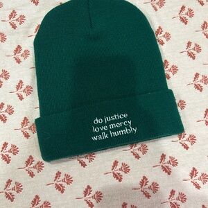 Green Beanie with Inspirational Text